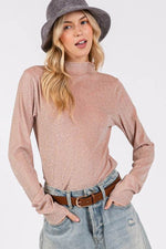 SAGE + FIG Glitter Mock Neck Lettuce Hem Long Sleeve Top - Amexza