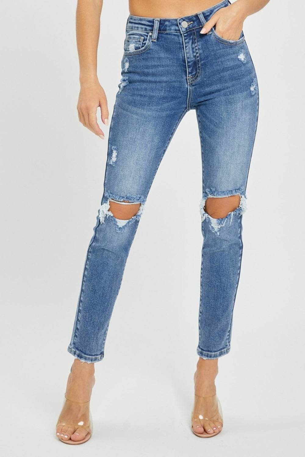 Risen Full Size High Rise Knee Distressed Skinny Jeans Medium for a perfect OOTD – dress to impress outfits from Amexza