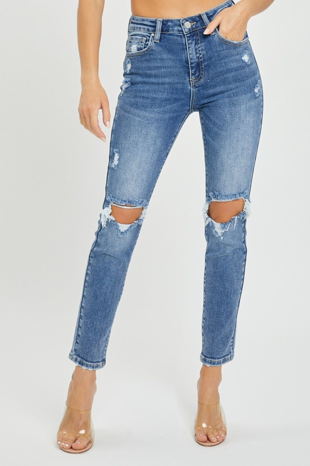 Risen Full Size High Rise Knee Distressed Skinny Jeans - Medium / 0(24)