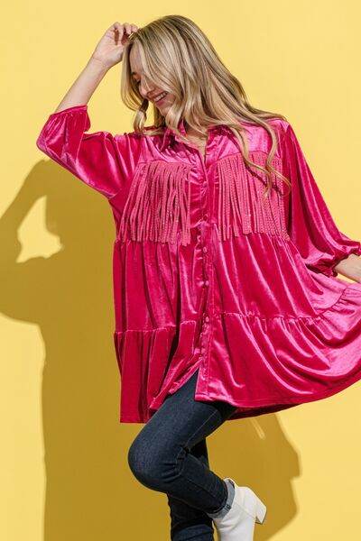 And The Why Fringe Detailed Velvet Shirt Dress for a perfect OOTD – dress to impress outfits from Amexza