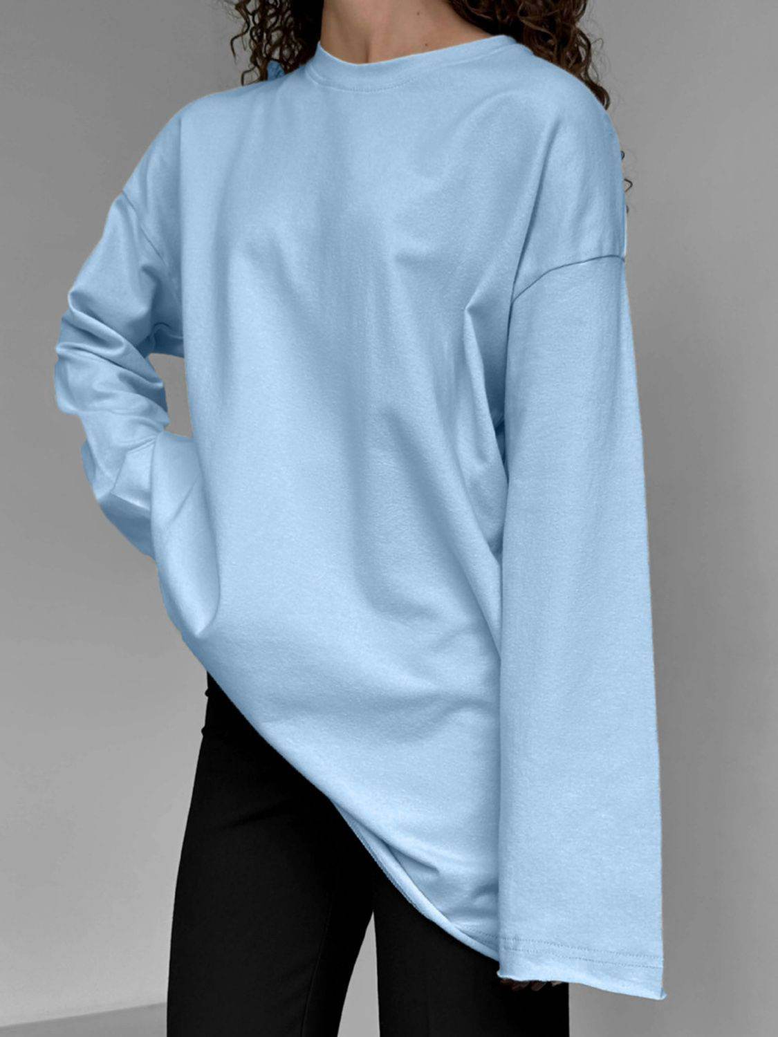 Round Neck Long Sleeve T-Shirt Light Blue for a perfect OOTD – dress to impress outfits from Amexza