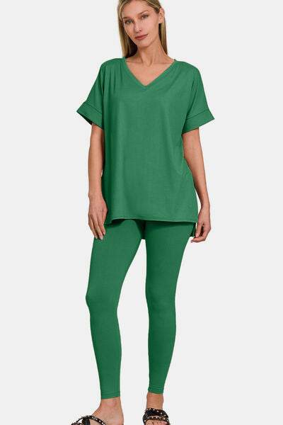 Zenana Full Size V-Neck Rolled Short Sleeve T-Shirt and Leggings Lounge Set - Amexza