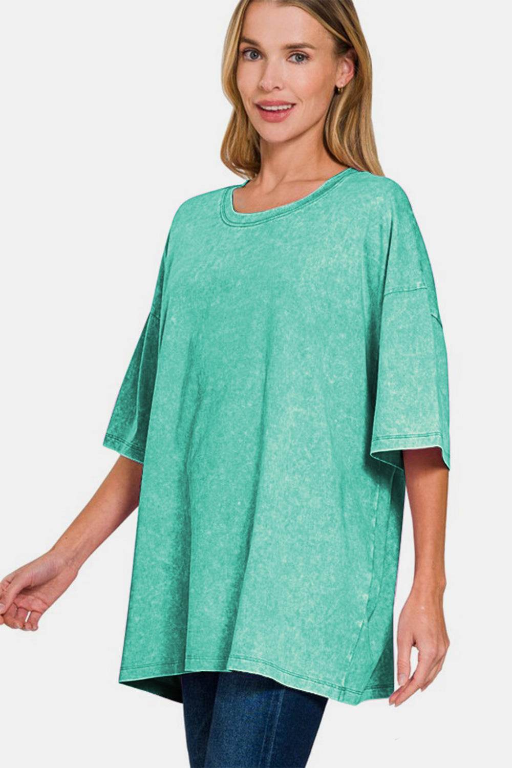 Zenana Full Size Washed Round Neck Drop Shoulder Oversized T-Shirt for a perfect OOTD – dress to impress outfits from Amexza