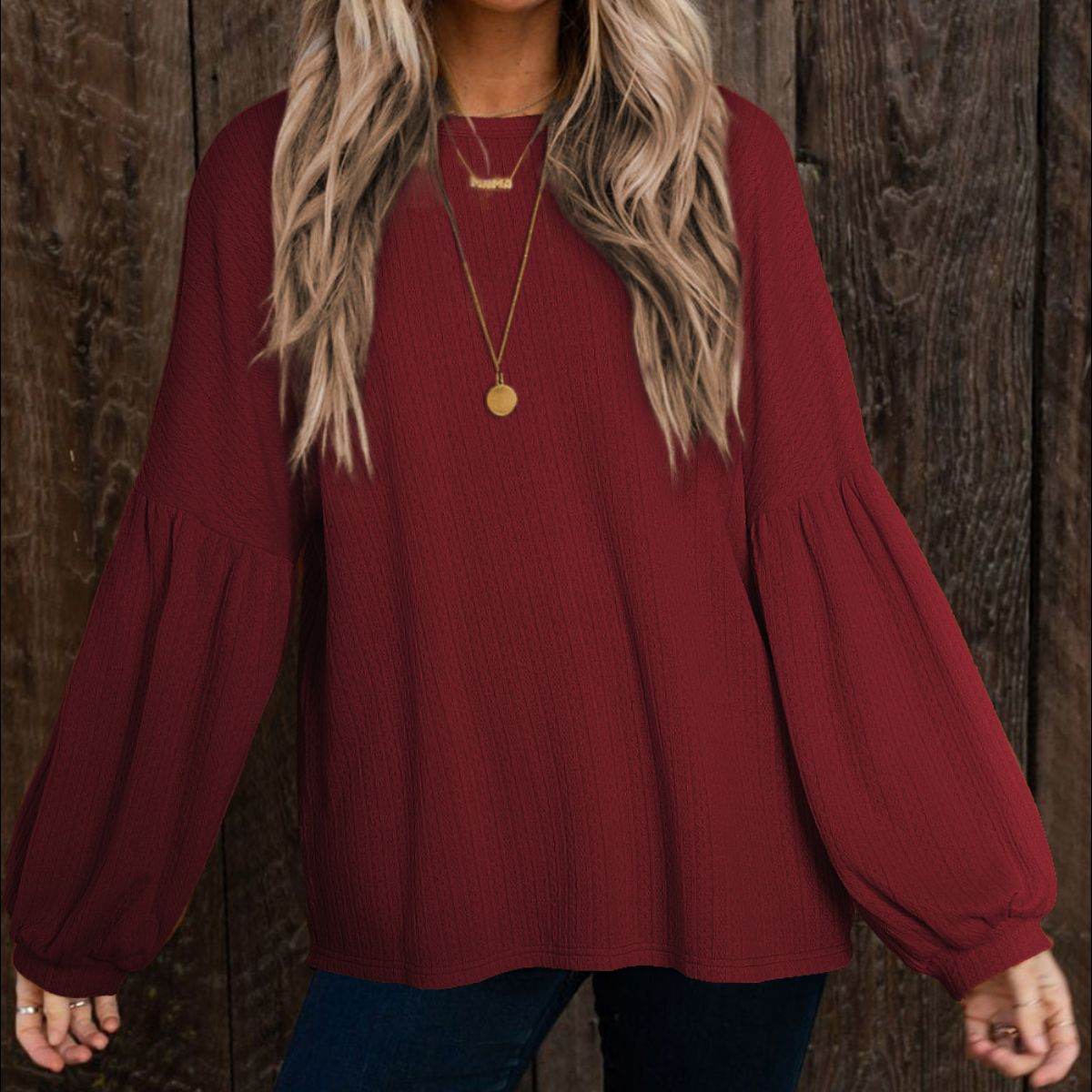 Round Neck Long Sleeve Ruched Blouse Wine for a perfect OOTD – dress to impress outfits from Amexza