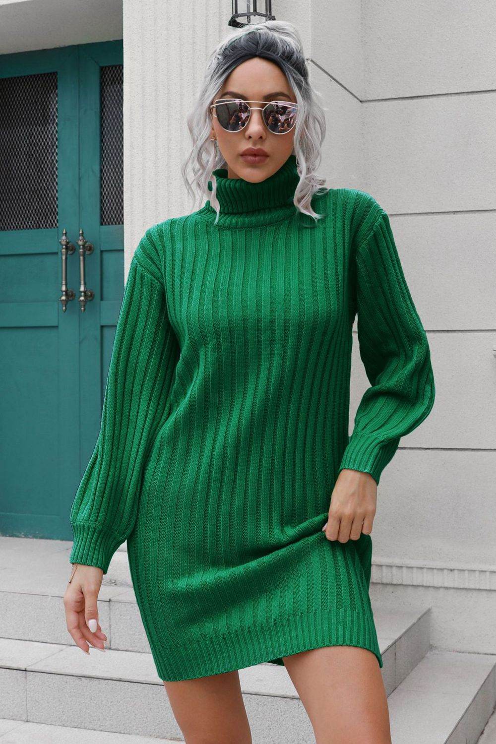 Ribbed Turtle Neck Long Sleeve Mini Sweater Dress - Amexza