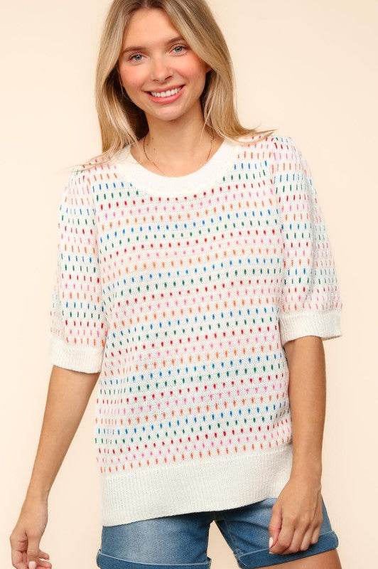 Haptics Round Neck Half Sleeve Multi Color Knit Top for a perfect OOTD – dress to impress outfits from Amexza