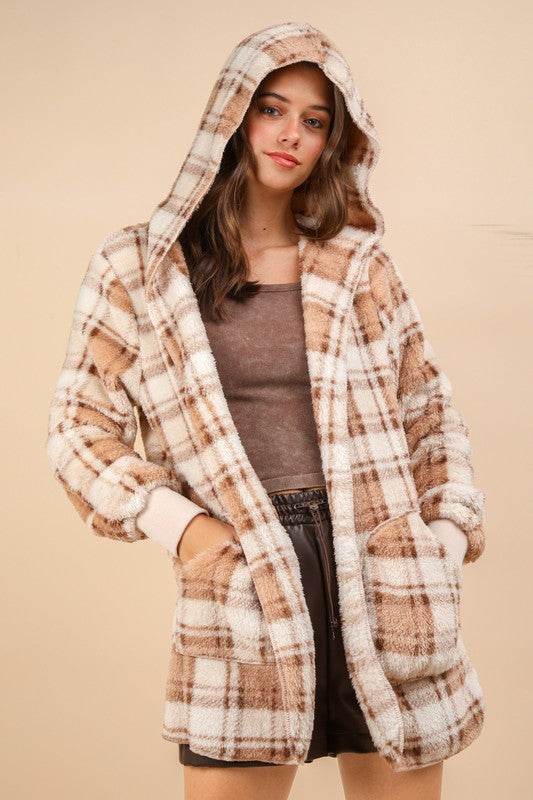 VERY J Fuzzy Plaid Long Sleeve Hooded Jacket CAMEL MIX for a perfect OOTD – dress to impress outfits from Amexza