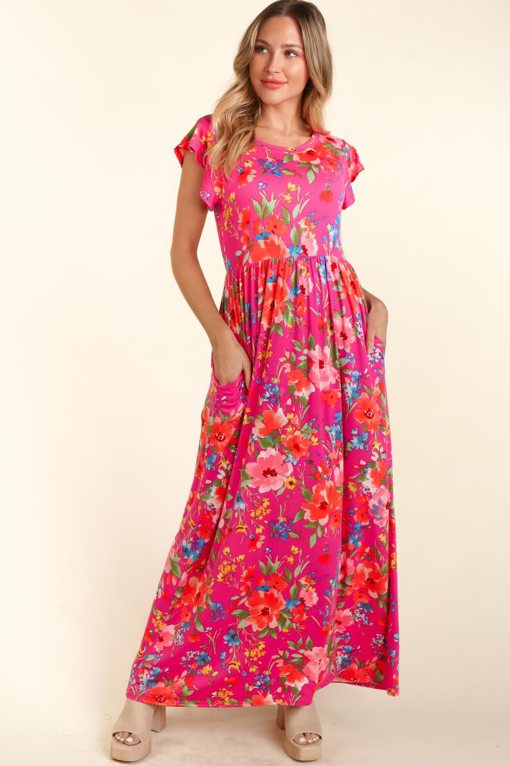 Haptics Floral Ruffled Round Neck Cap Sleeve Dress - Fuchsia / S