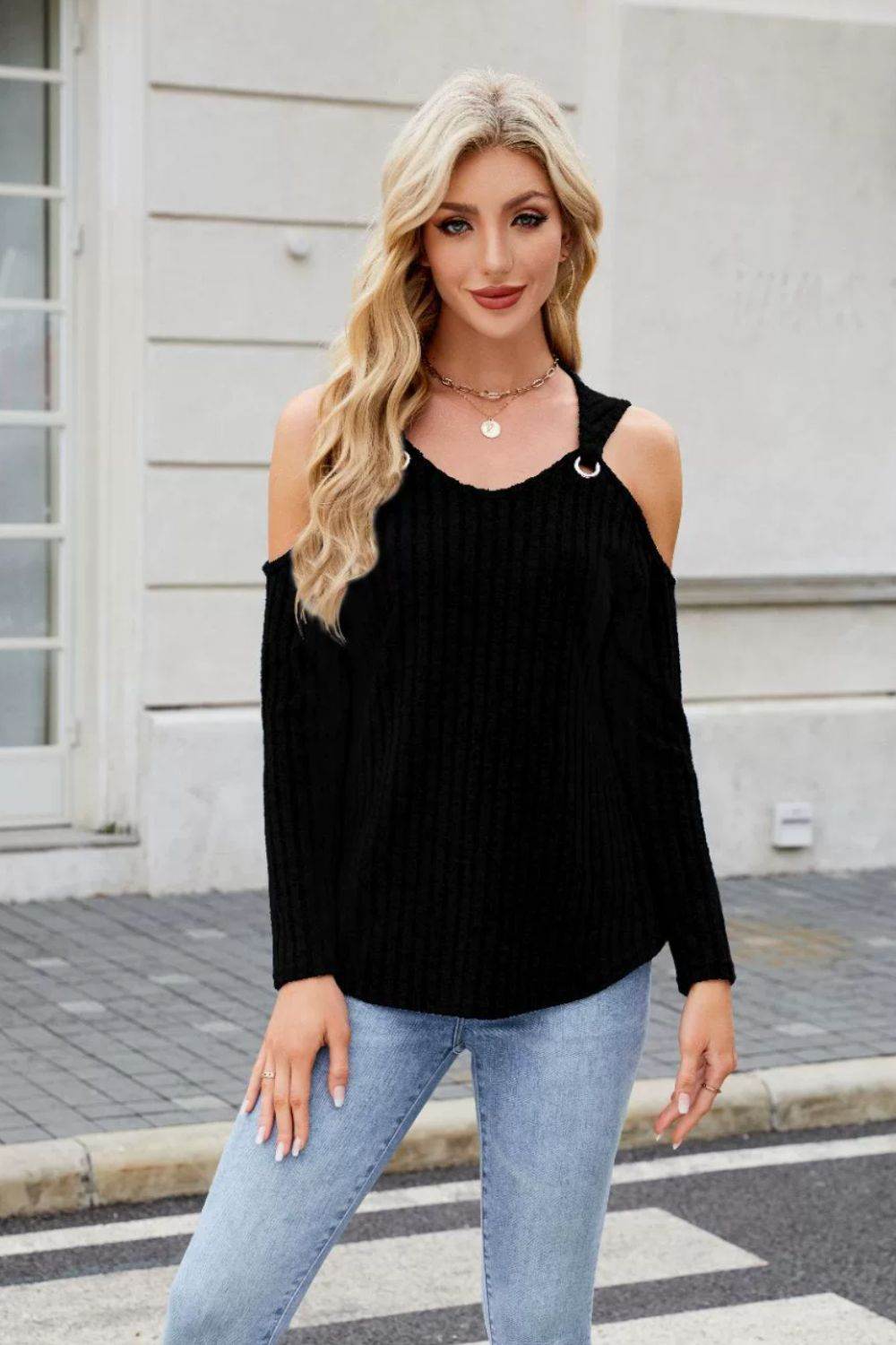 Ribbed Cold Shoulder Long Sleeve Top - Amexza