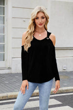 Ribbed Cold Shoulder Long Sleeve Top - Amexza