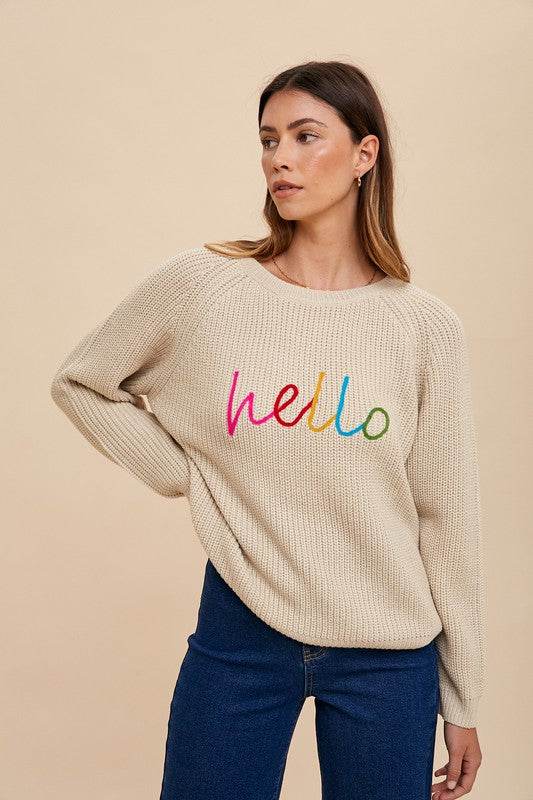 Annie Wear HELLO Embroidered Raglan Sleeve Sweater for a perfect OOTD – dress to impress outfits from Amexza