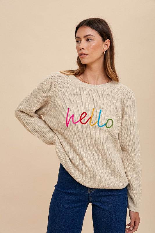 Annie Wear HELLO Embroidered Raglan Sleeve Sweater - Amexza