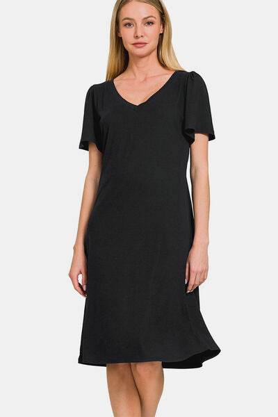 Zenana V-Neck Short Sleeve Dress - Amexza