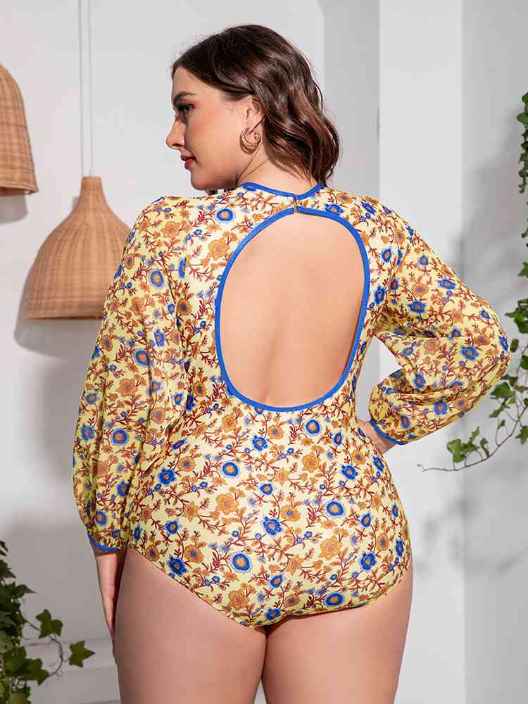 Plus Size Floral Open Back Long Sleeve One-Piece Swimsuit for a perfect OOTD – dress to impress outfits from Amexza