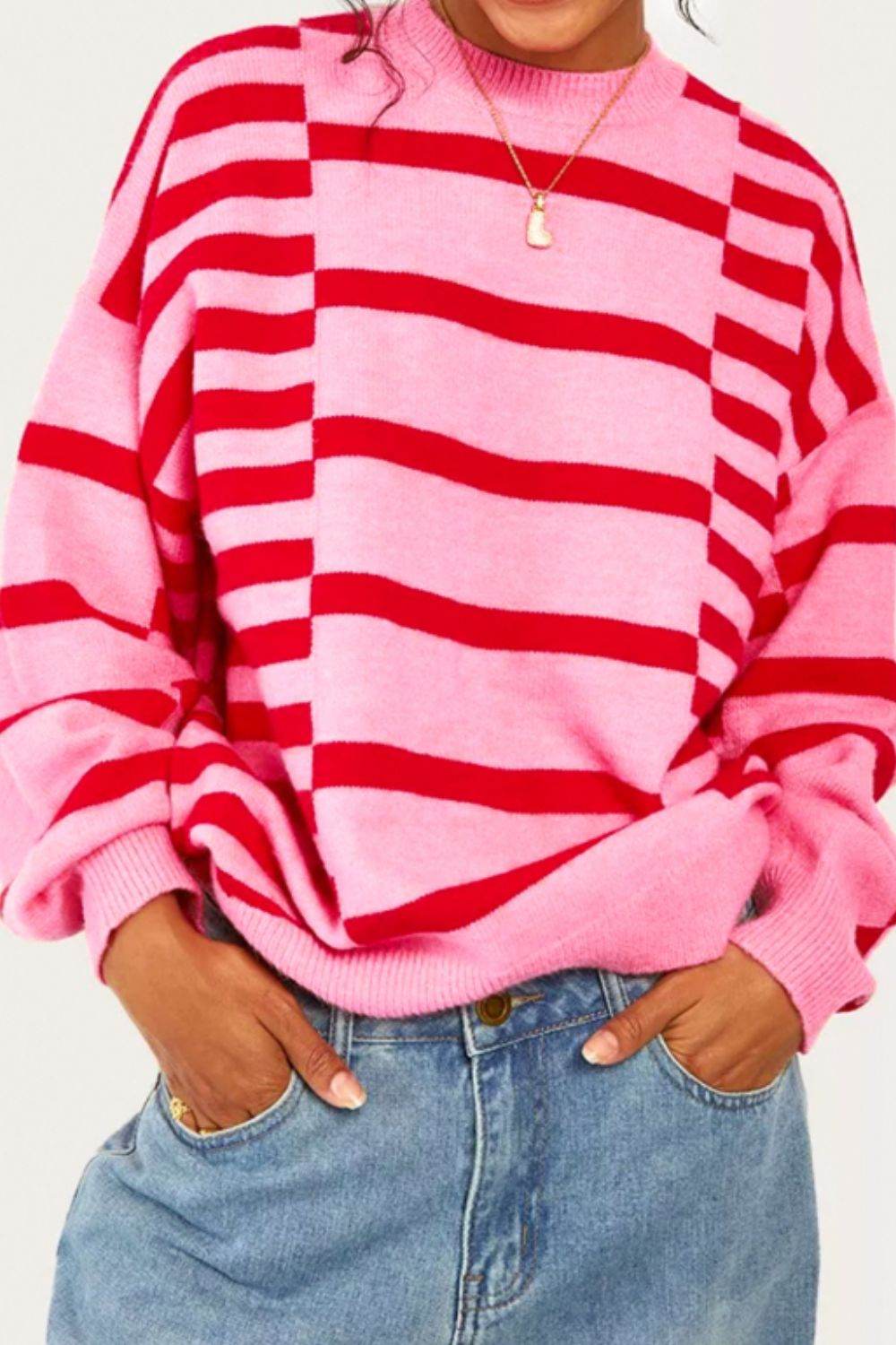 Striped Round Neck Dropped Shoulder Sweater Hot Pink for a perfect OOTD – dress to impress outfits from Amexza