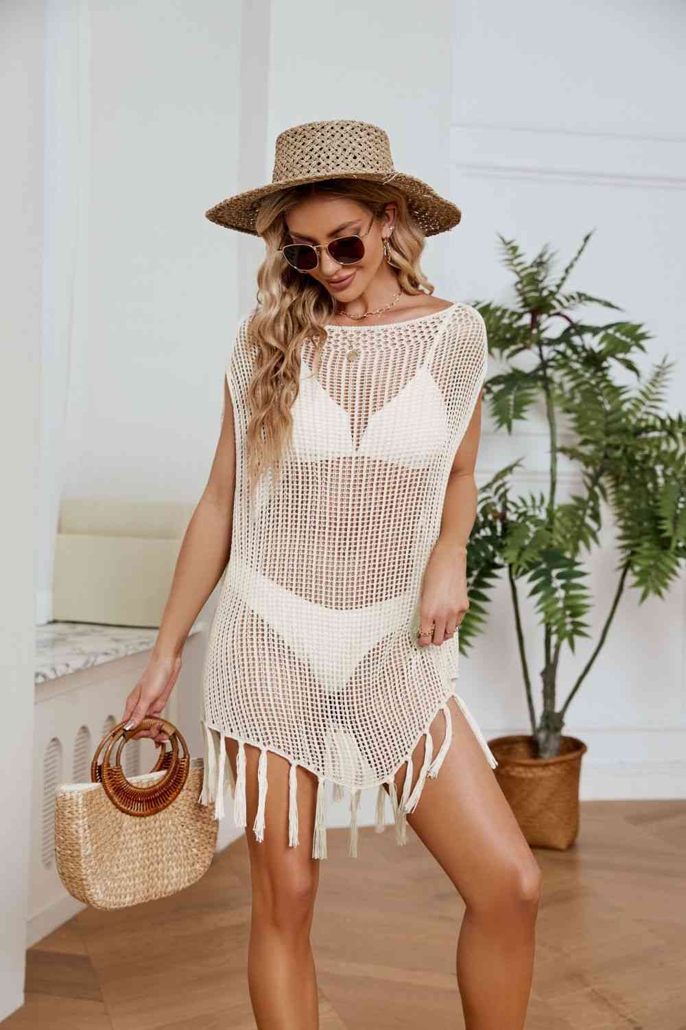 Fringe Trim Openwork Cover-Up Dress for a perfect OOTD – dress to impress outfits from Amexza