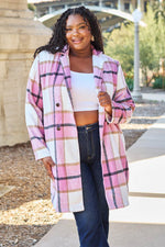 Double Take Full Size Plaid Button Up Lapel Collar Coat - Amexza