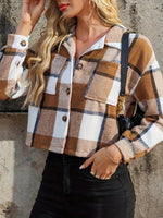 Plaid Collared Neck Cropped Jacket - Amexza
