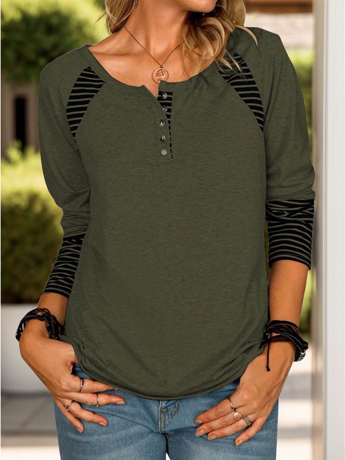 Full Size Striped Quarter Button Long Sleeve T-Shirt Army Green for a perfect OOTD – dress to impress outfits from Amexza