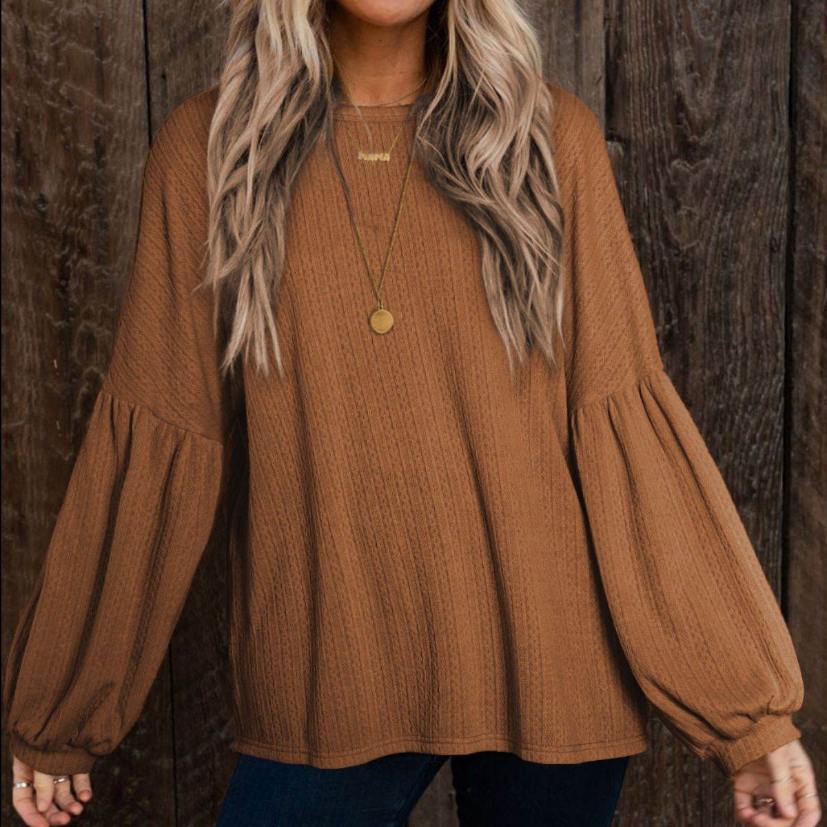 Round Neck Long Sleeve Ruched Blouse Camel for a perfect OOTD – dress to impress outfits from Amexza