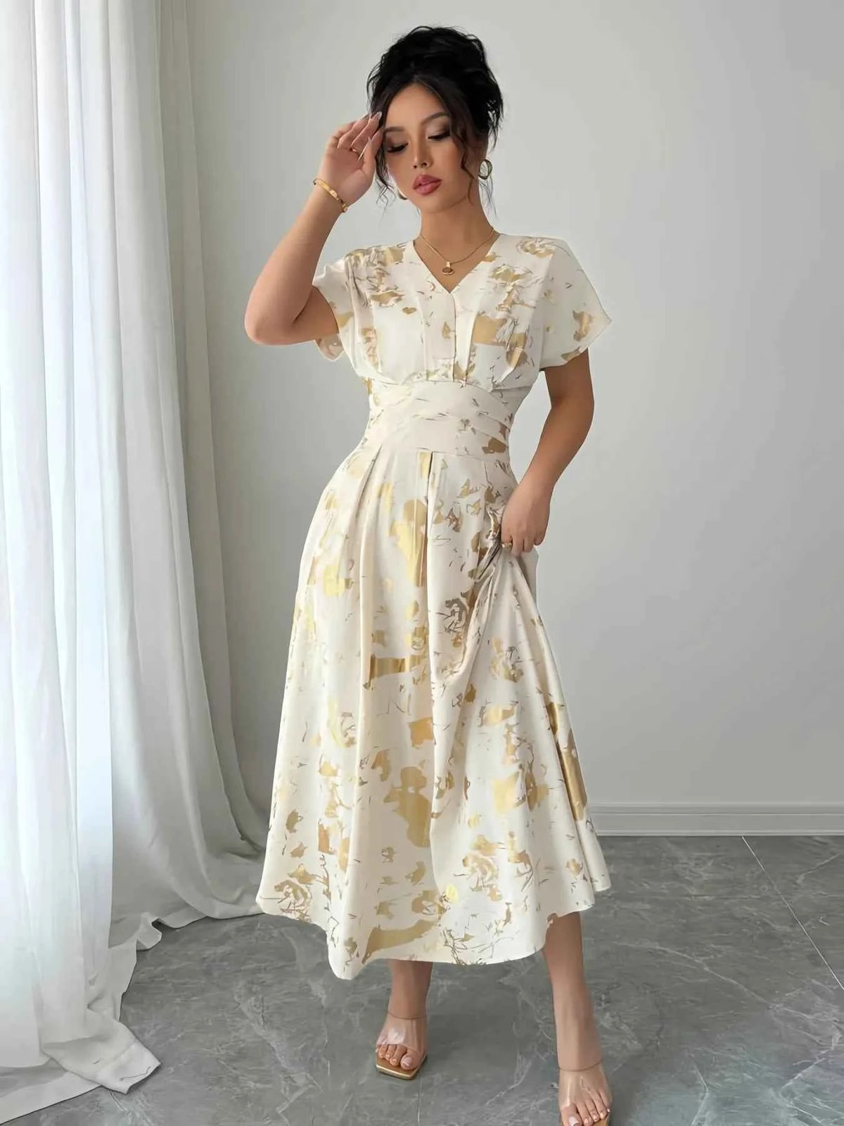 Printed V-Neck Short Sleeve Dress