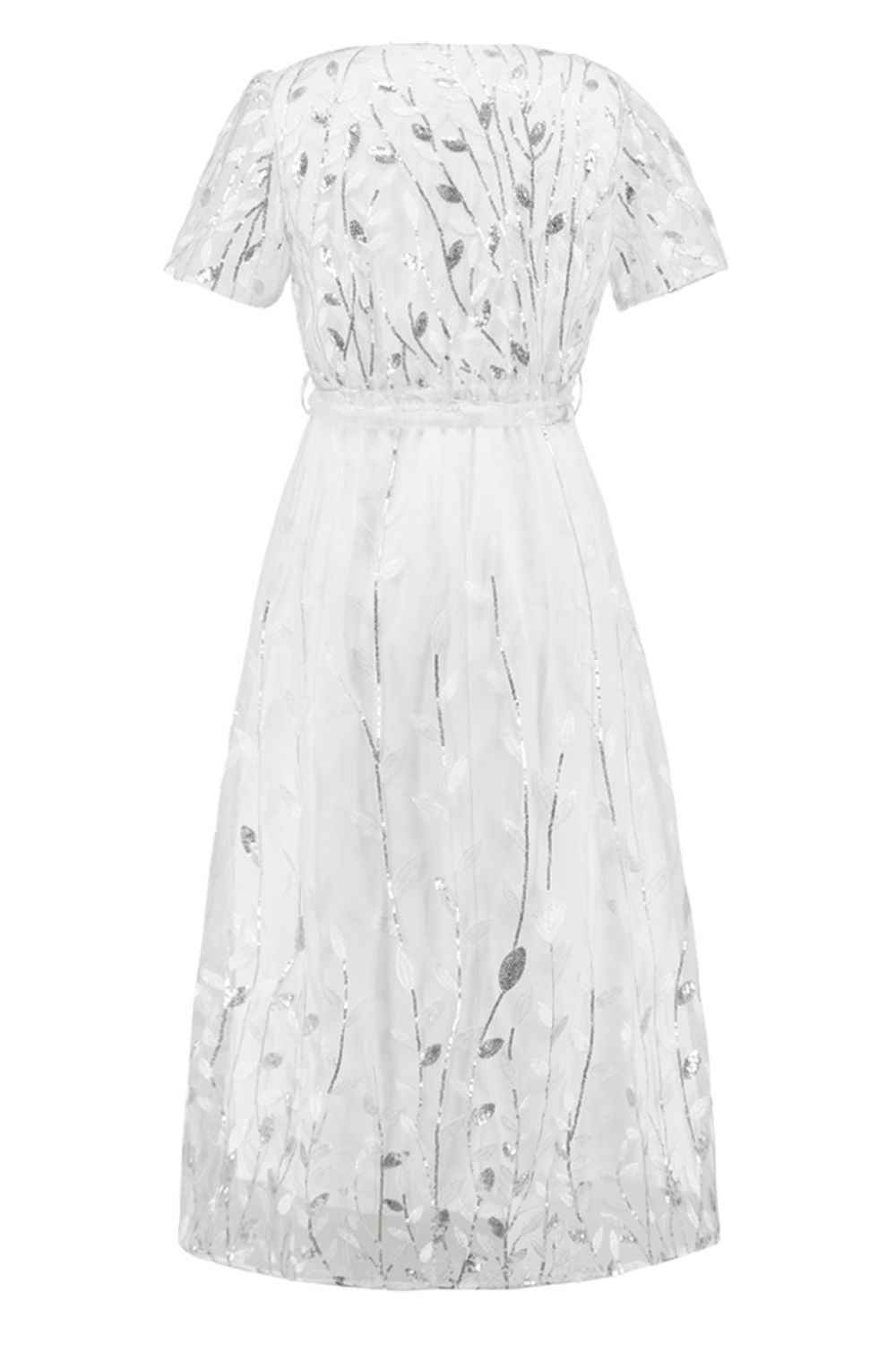 Sequin Leaf Embroidery Tie Front Short Sleeve Dress for a perfect OOTD – dress to impress outfits from Amexza