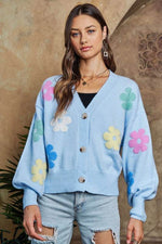 ADORA Flower Button Down Lantern Sleeve Cardigan - Amexza