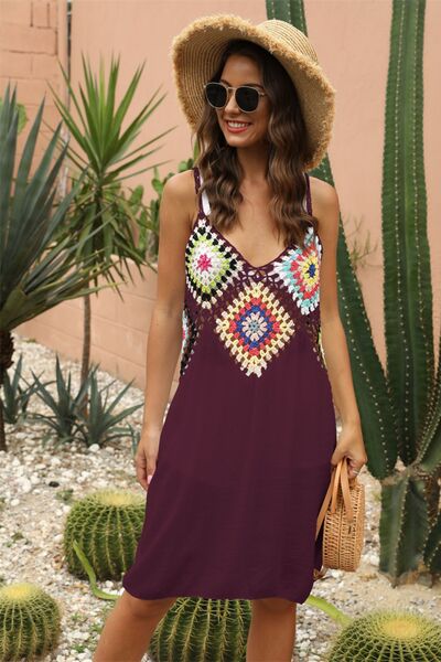 Geometric V-Neck Spaghetti Strap Cover Up Dress Burgundy One Size for a perfect OOTD – dress to impress outfits from Amexza