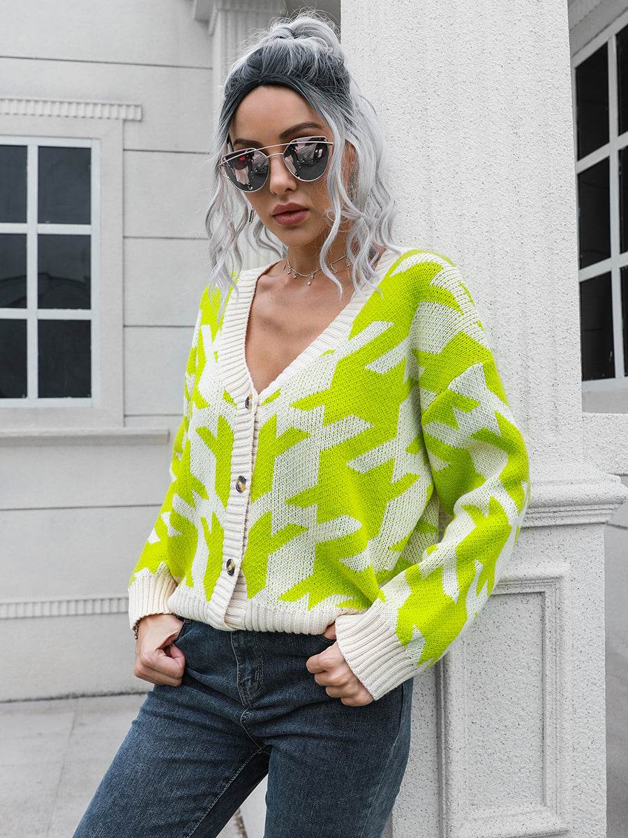 Houndstooth Button Down Cardigan Lime for a perfect OOTD – dress to impress outfits from Amexza