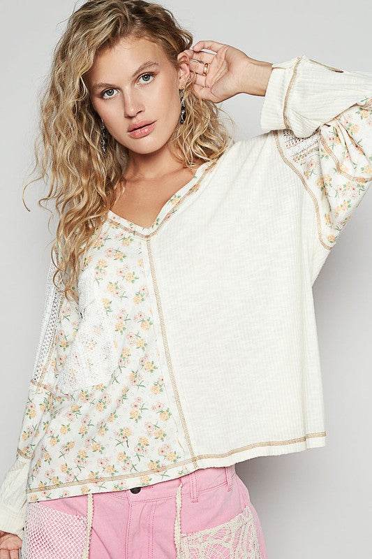 POL Floral Crochet Patch V-Neck Top - Amexza