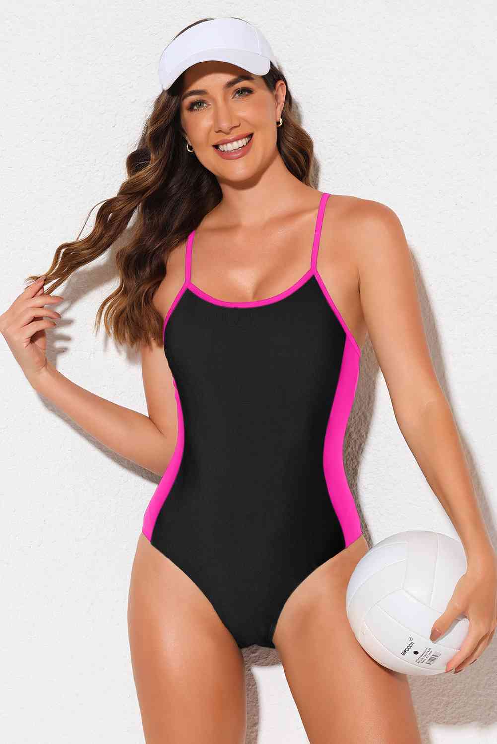 Contrast Spaghetti Strap One-Piece Swimsuit Hot Pink for a perfect OOTD – dress to impress outfits from Amexza