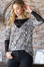 Heimish Full Size Snakeskin Print Round Neck Lace Contrast Top - Amexza