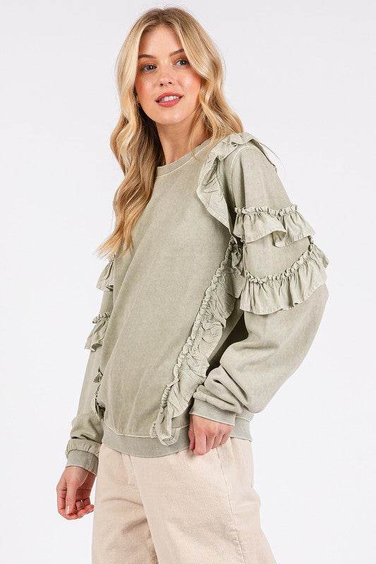 Mittoshop Ruffled Mineral Washed Round Neck Long Sleeve Sweatshirt - Amexza