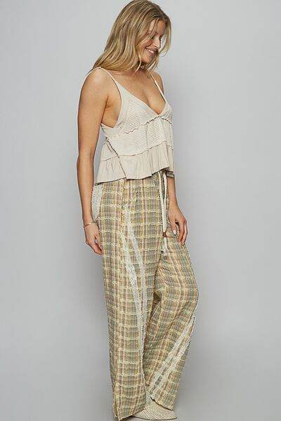 POL Lace Trim Drawstring Checkered Wide Leg Pants for a perfect OOTD – dress to impress outfits from Amexza