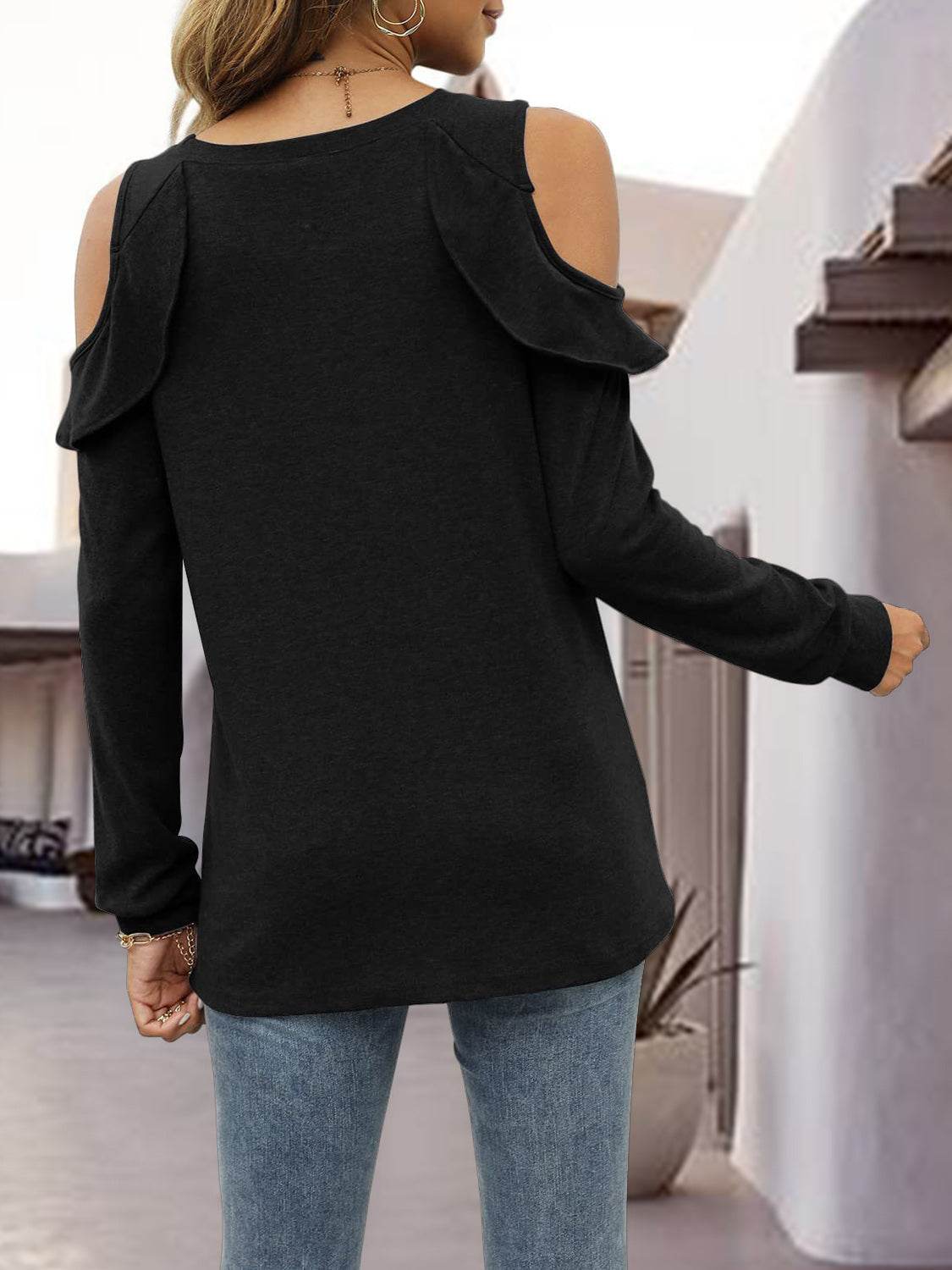 Round Neck Ruffled Cold-Shoulder Blouse for a perfect OOTD – dress to impress outfits from Amexza