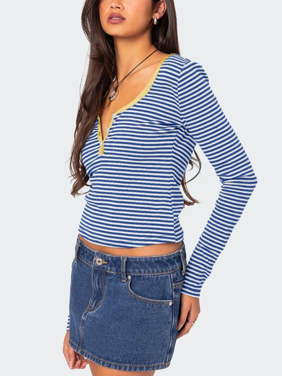 Buttoned Striped Long Sleeve T-Shirt for a perfect OOTD – dress to impress outfits from Amexza