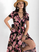 Floral V-Neck Slit Dress - Amexza