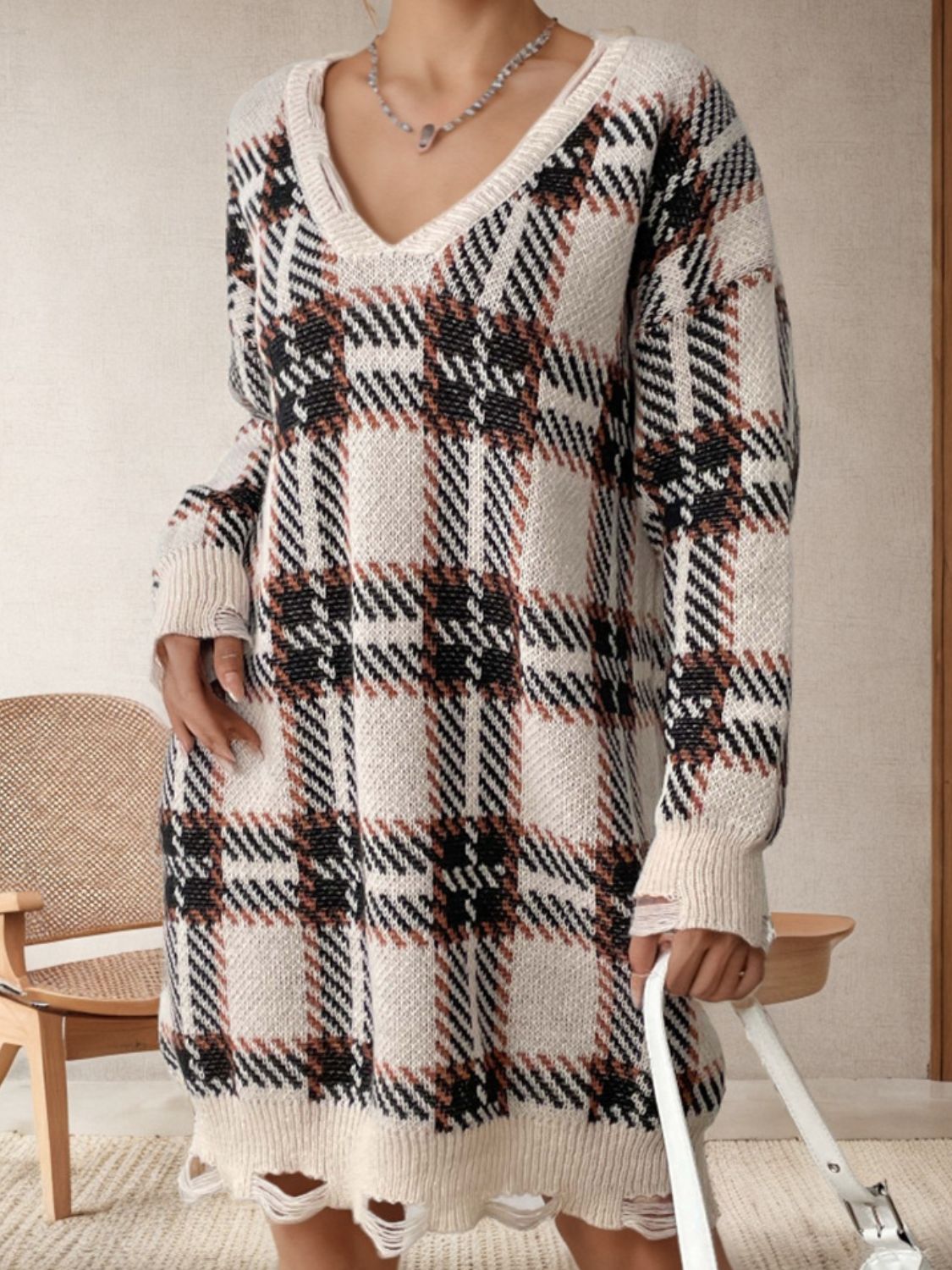 Distressed Plaid V-Neck Long Sleeve Sweater Dress for a perfect OOTD – dress to impress outfits from Amexza