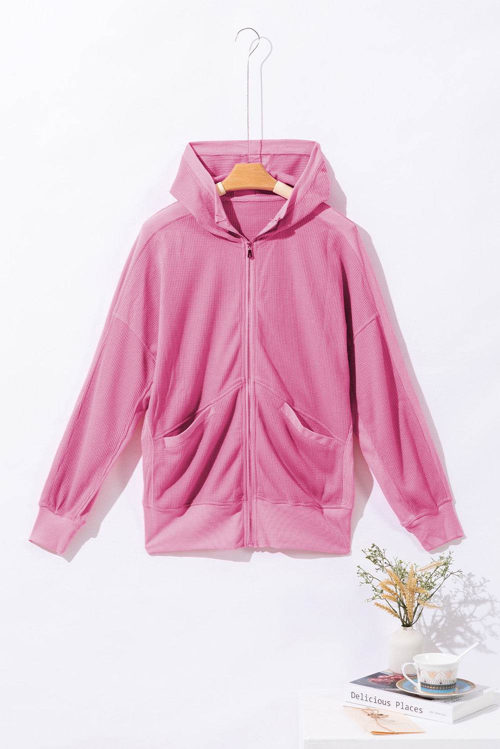 Waffle-Knit Pocketed Zip Up Hooded Jacket for a perfect OOTD – dress to impress outfits from Amexza