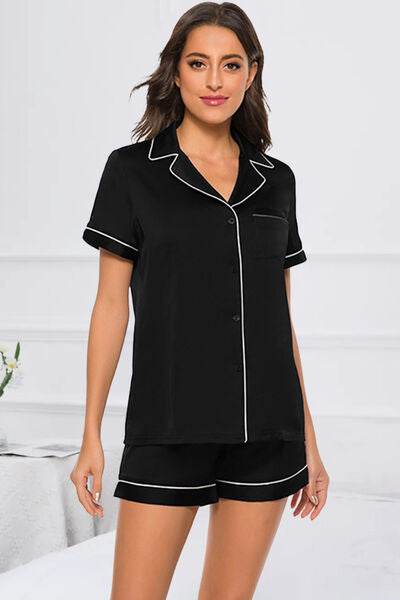 Printed Button Up Short Sleeve Top and Shorts Lounge Set Black for a perfect OOTD – dress to impress outfits from Amexza