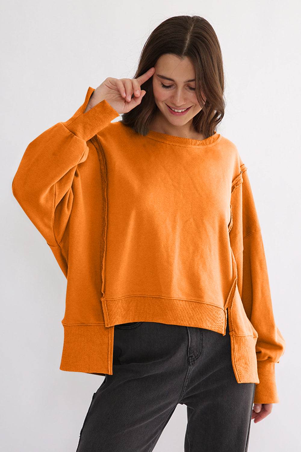 Exposed Seam High-Low Long Sleeve Sweatshirt Tangerine One Size for a perfect OOTD – dress to impress outfits from Amexza
