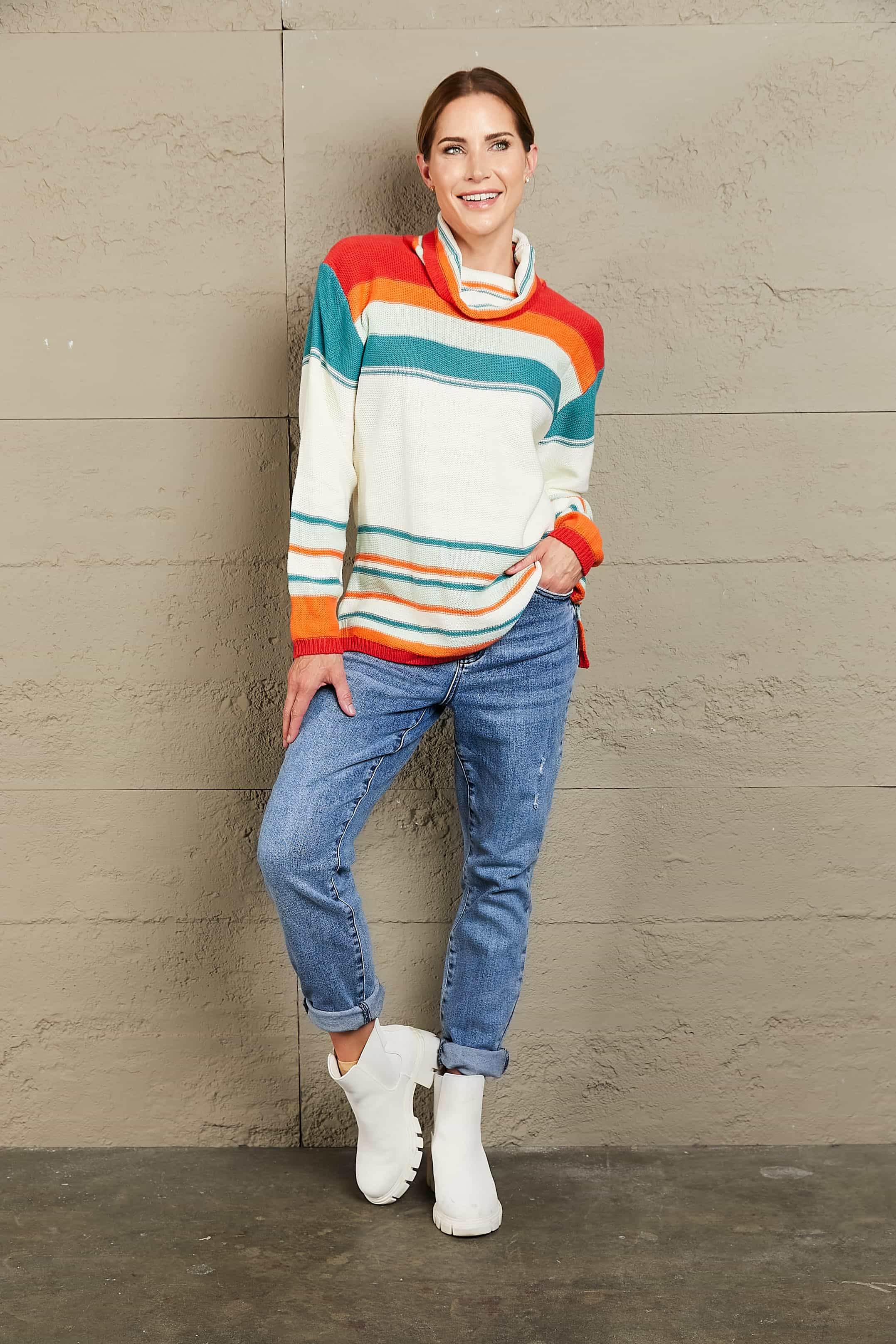 Woven Right Striped Turtleneck Drop Shoulder Sweater - Amexza