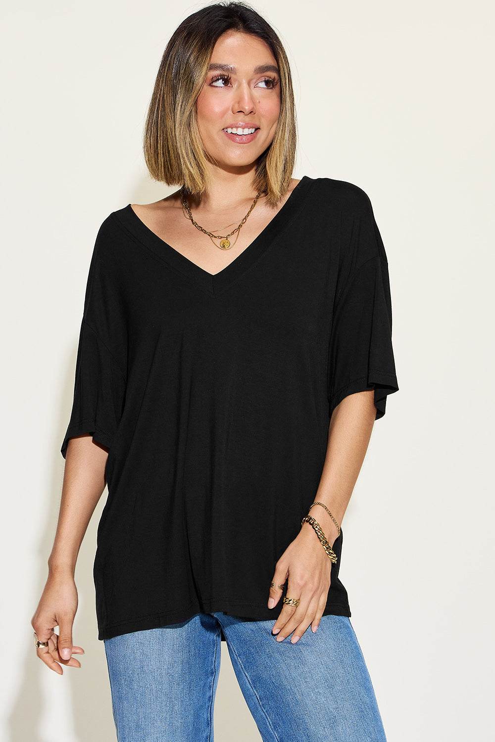 Basic Bae Full Size Bamboo V-Neck Drop Shoulder T-Shirt Black for a perfect OOTD – dress to impress outfits from Amexza