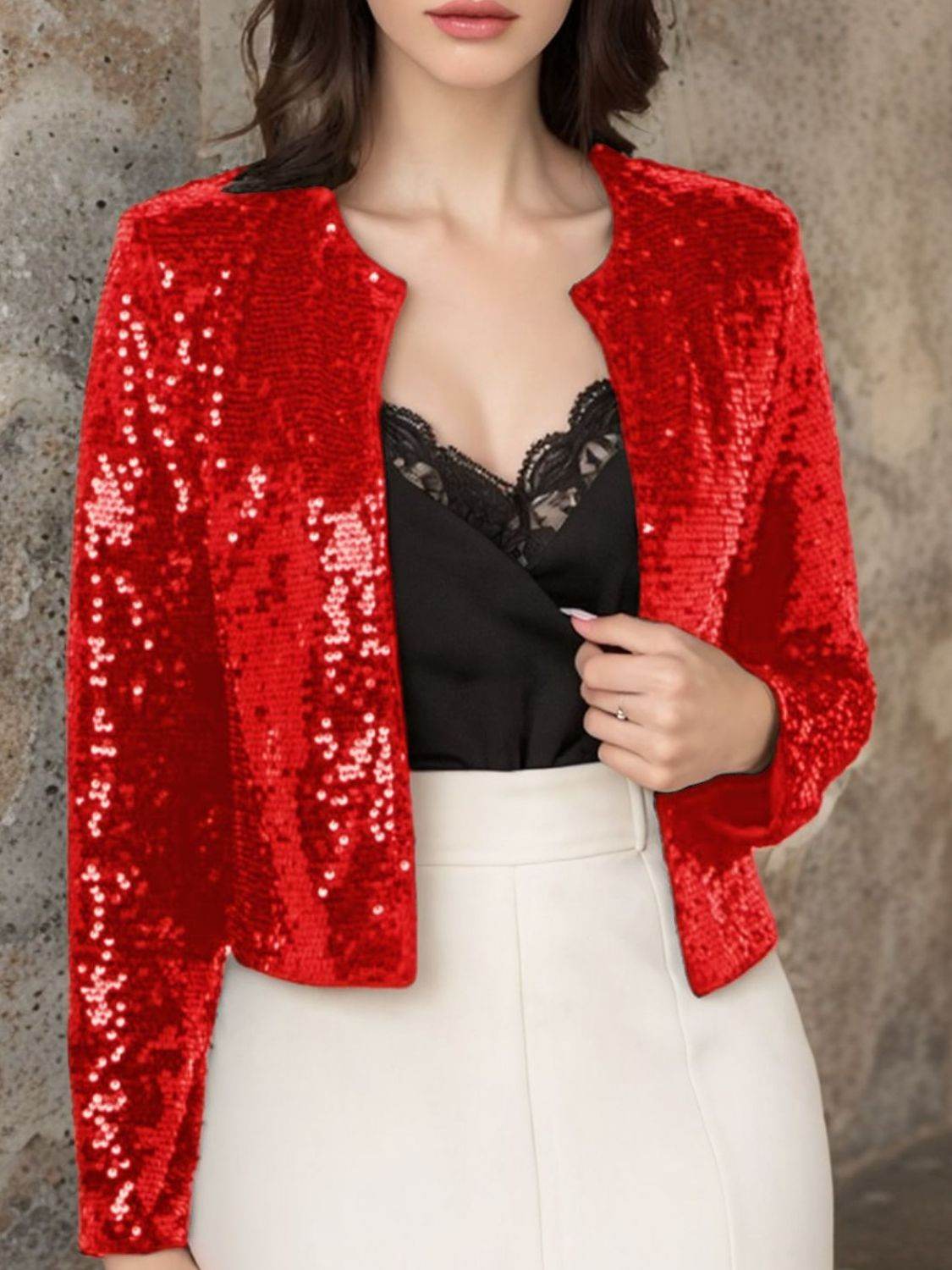 Full Size Sequin Open Front Cropped Jacket Scarlet for a perfect OOTD – dress to impress outfits from Amexza