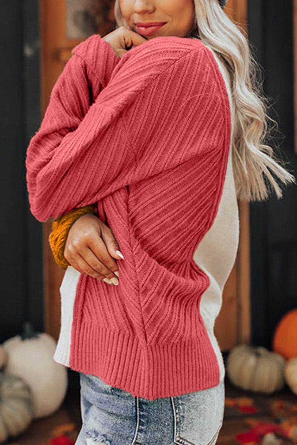 Color Block Textured Drop Shoulder Sweater - Amexza