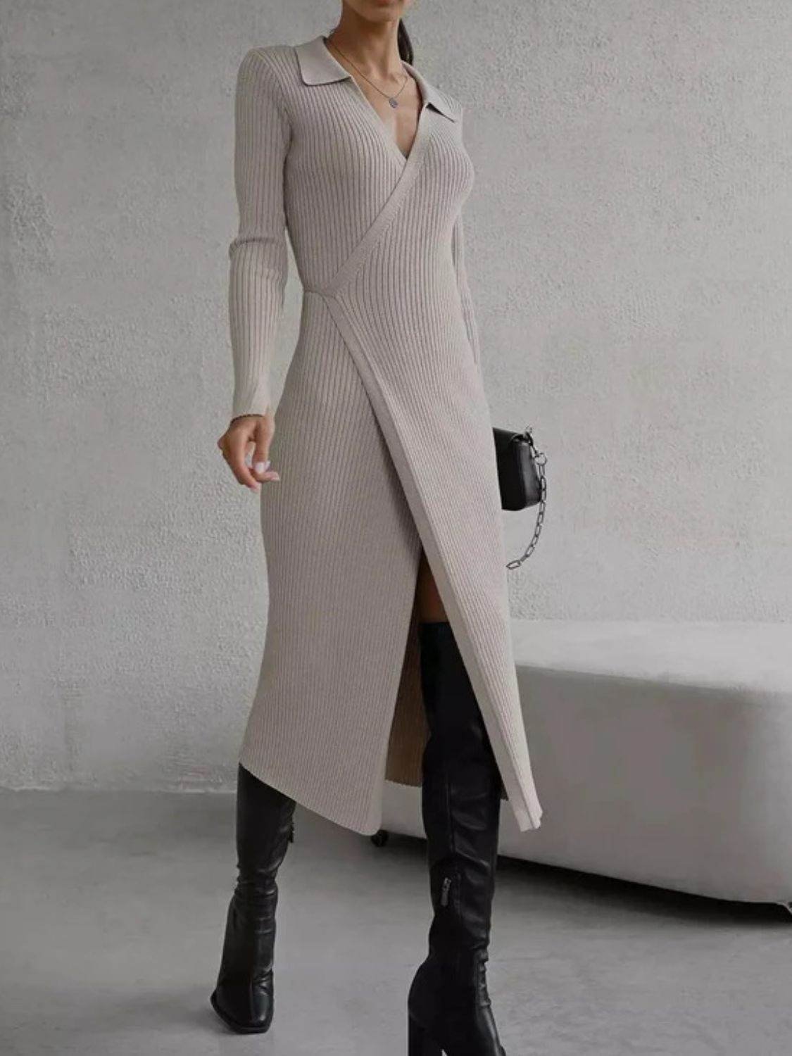 Tied Collared Neck Long Sleeve Sweater Dress Dust Storm One Size for a perfect OOTD – dress to impress outfits from Amexza