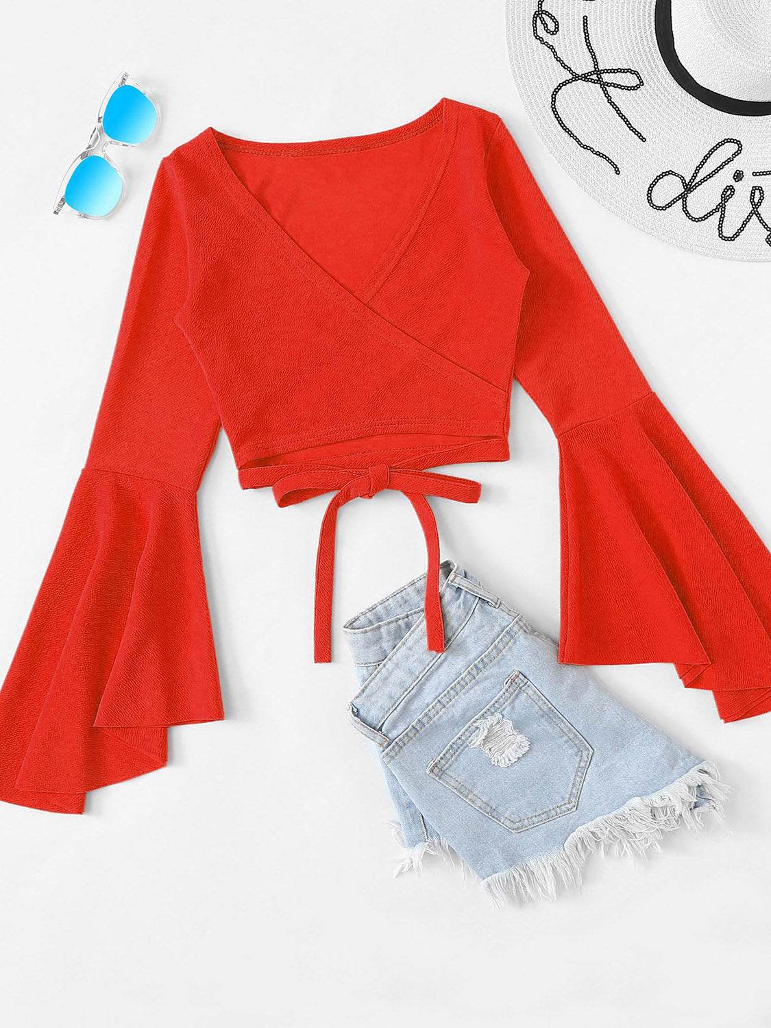 Tied Flare Sleeve Top Red Orange for a perfect OOTD – dress to impress outfits from Amexza