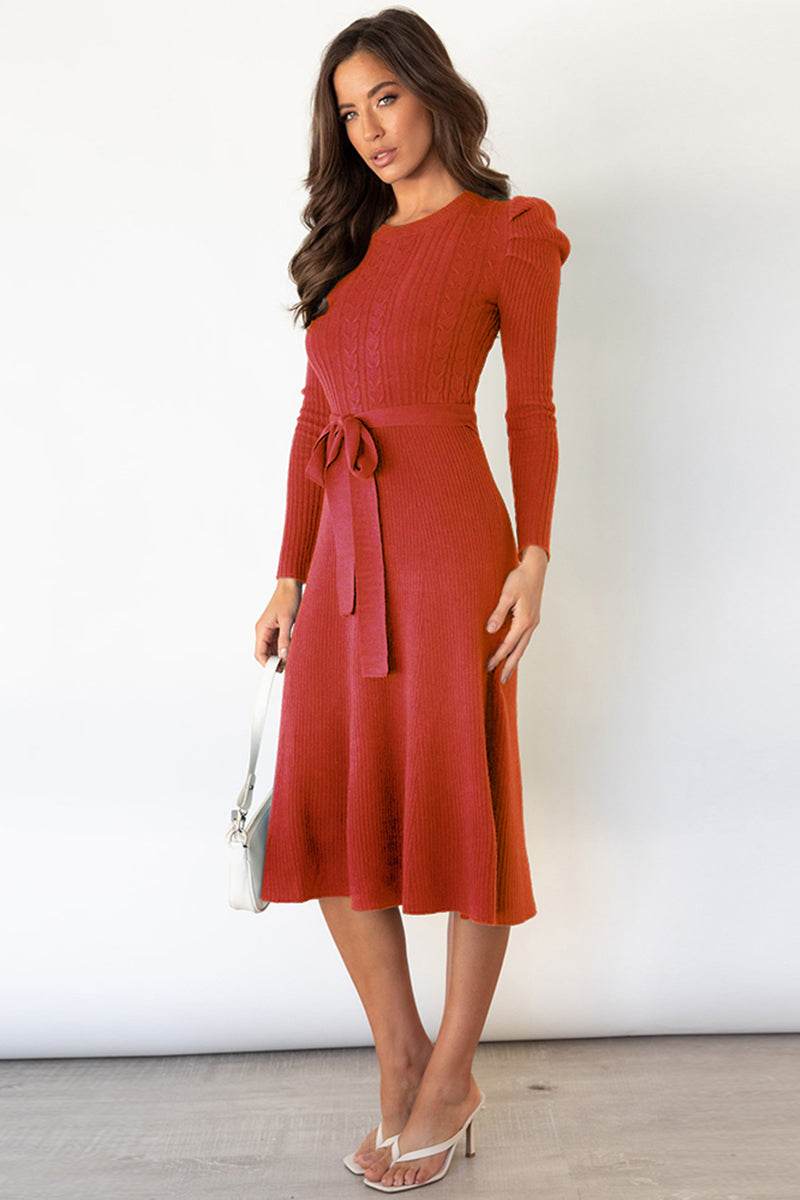 Round Neck Long Sleeve Tie Waist Sweater Dress for a perfect OOTD – dress to impress outfits from Amexza