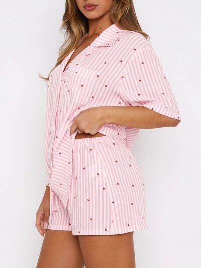 Valentine's Day Printed Collared Neck Short Sleeve Top and Shorts Set Blush Pink for a perfect OOTD – dress to impress outfits from Amexza