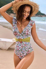 Ruffled Plunge Floral One-Piece Swimwear Pastel Blue for a perfect OOTD – dress to impress outfits from Amexza